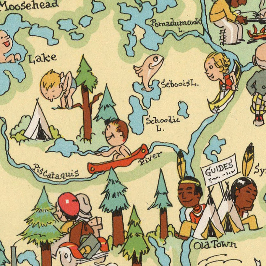 Mappa Pittorica del Maine di Ruth Taylor White, 1935: Portland, Bangor, Legname, Pesca di Aragoste, Katahdin 