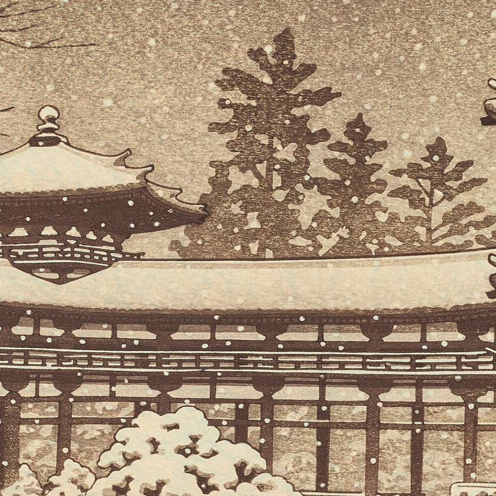 Abendlicher Schnee am Byodoin-Tempel (Phoenix-Halle) von Hasui Kawase, 1935 