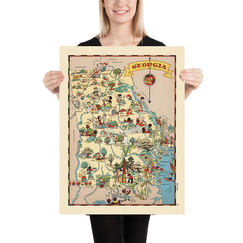 Mappa Pittorica della Georgia di Ruth Taylor White, 1935: Atlanta, Savannah, Augusta, Macon, Battelli Fluviali 