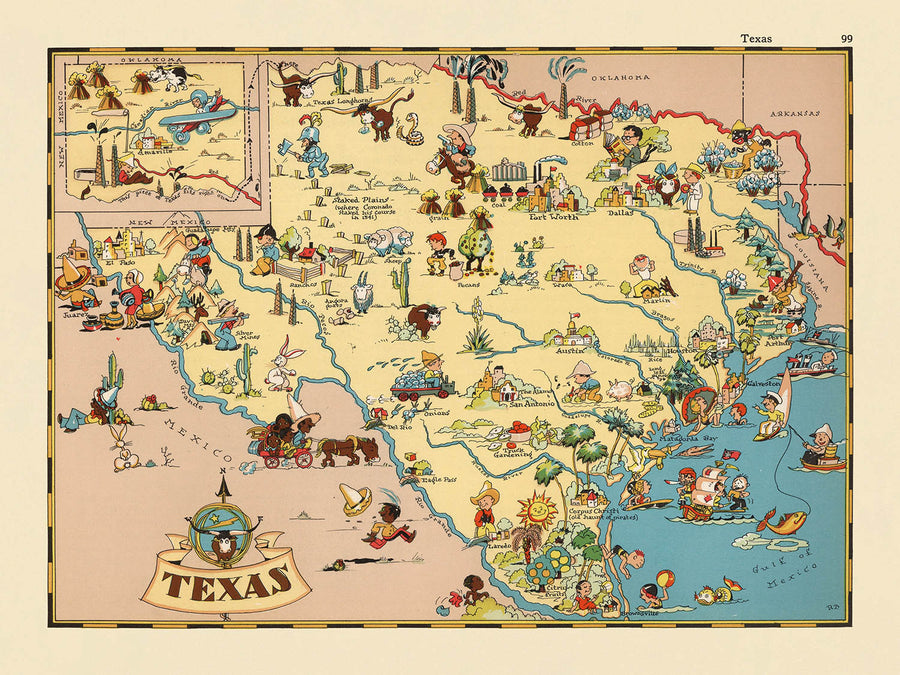 Mappa Pittorica del Texas di Ruth Taylor White, 1935: Houston, Dallas, San Antonio, Campi Petroliferi, Ranch 