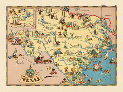 Pictorial Map of Texas by Ruth Taylor White, 1935: Houston, Dallas, San Antonio, Oil Fields, Ranches