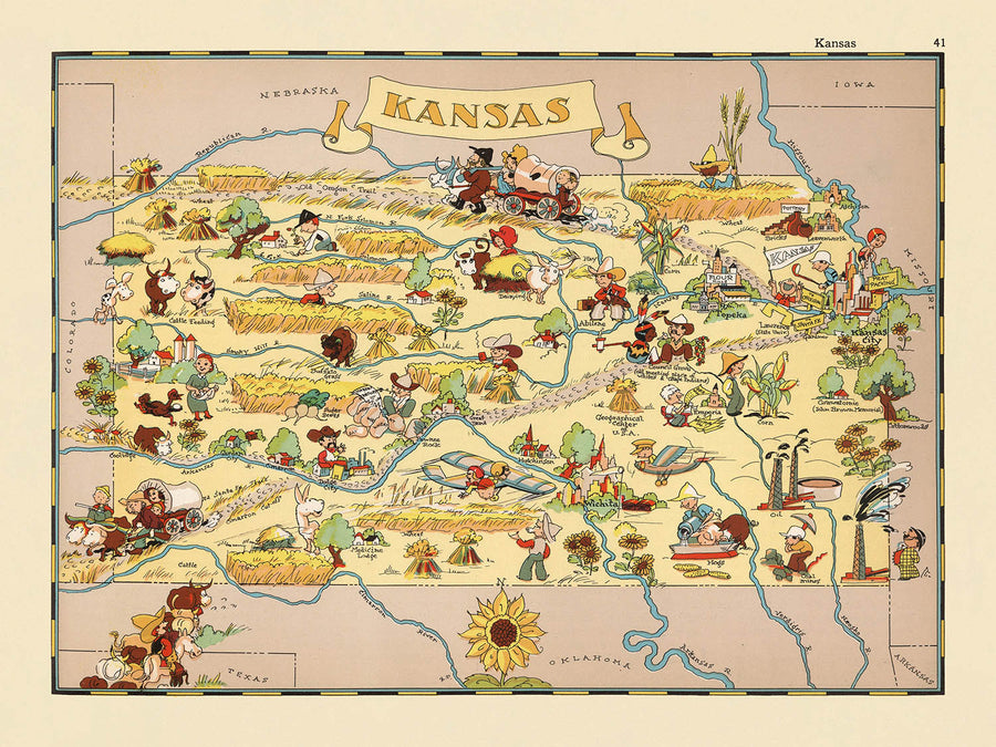 Mappa Pittorica del Kansas di Ruth Taylor White, 1935: Wichita, Kansas City, Topeka, Ferrovie, Girasoli 