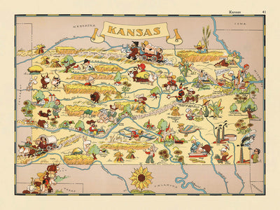 Pictorial Map of Kansas by Ruth Taylor White, 1935: Wichita, Kansas City, Topeka, Railroads, Sunflowers