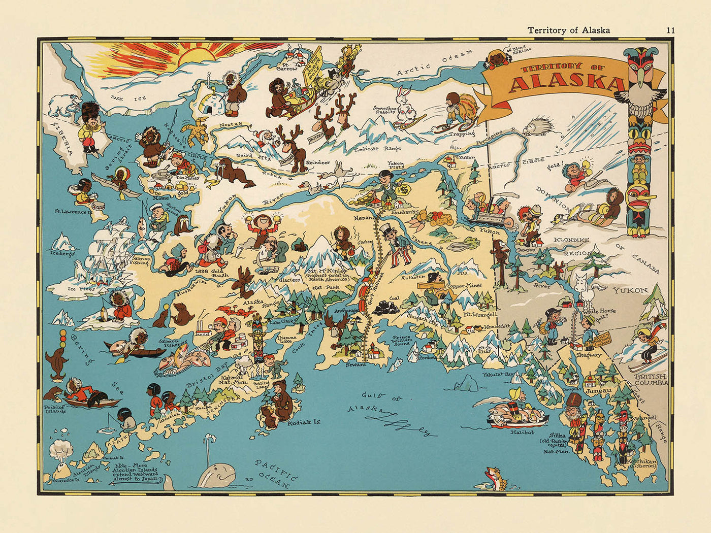 Pictorial Map of Alaska by Ruth Taylor White, 1935: Anchorage, Fairbanks, Yukon River, Glaciers, Aleutians