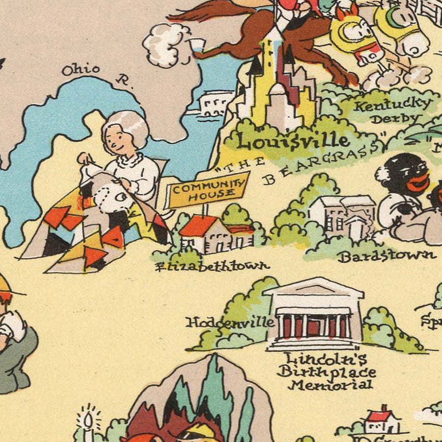 Mappa Pittorica del Kentucky di Ruth Taylor White, 1935: Louisville, Lexington, Corse di Cavalli, Bourbon, Appalachi 