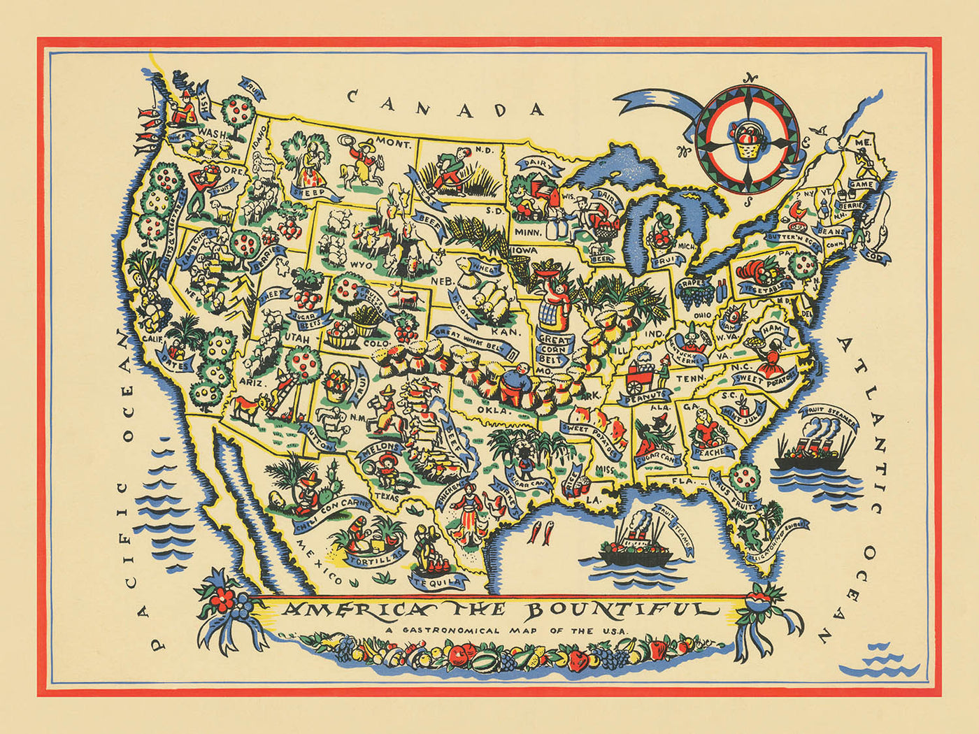 Old Gastronomical Map of the USA, 1939: Great Wheat Belt, Corn Belt, Agriculture, etc.