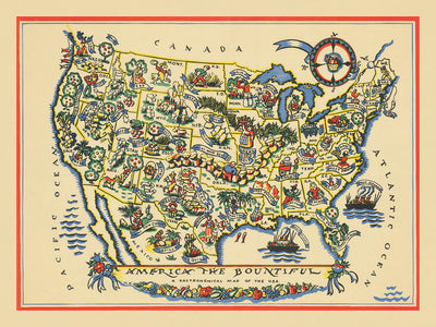Old Gastronomical Map of the USA, 1939: Great Wheat Belt, Corn Belt, Agriculture, etc.