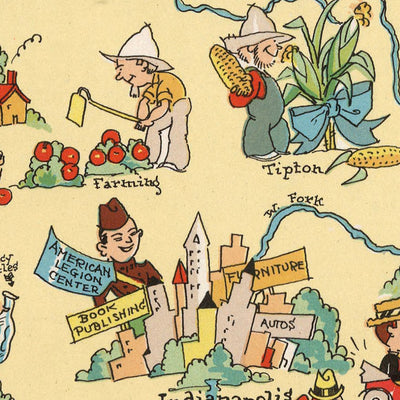 Pictorial Map of Indiana by Ruth Taylor White, 1935: Indianapolis, Fort Wayne, Evansville, Wabash River, Industry Icons