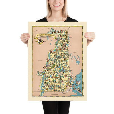 Pictorial Map of New Hampshire by Ruth Taylor White, 1935: Manchester, Nashua, Concord, Lakes, Mountains