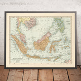 Mapa antiguo de las Indias Orientales por Stanford, 1926: Indonesia, Malasia, Filipinas, Ferrocarriles 