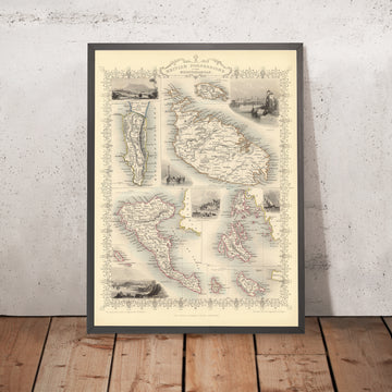 Antiguo mapa del Imperio Británico en el Mediterráneo, 1851: Gibraltar, Malta, Corfú, Zante, etc. 