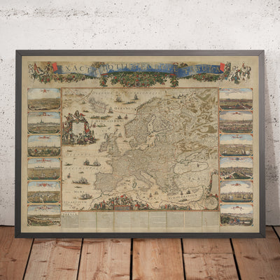Massive Old Map of Europe by Visscher, 1677: Triple Alliance, Capital City Views