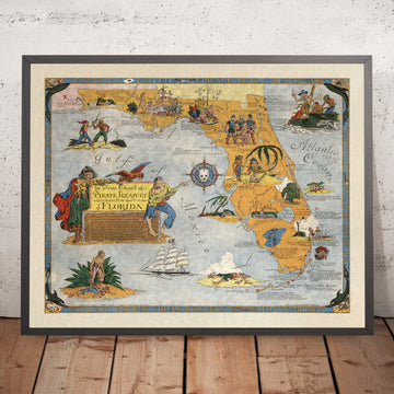 Old Pirate Treasure Map of Florida by Sanford, 1950: Miami, Tampa, Keys, Treasure Coast, Everglades