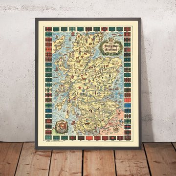 Alte bildliche Karte von Schottland, 1935: Edinburgh, Glasgow, Burgen, Tartans, historische Figuren 