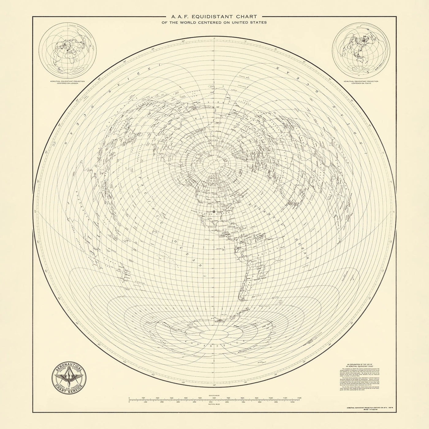 Old Azimuthal World Map Centered on the United States, 1947
