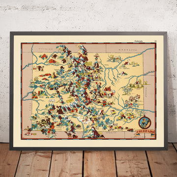 Bildkarte von Colorado von Ruth Taylor White, 1935: Denver, Rocky Mountains, Pikes Peak, Mesa Verde, Great Sand Dunes 