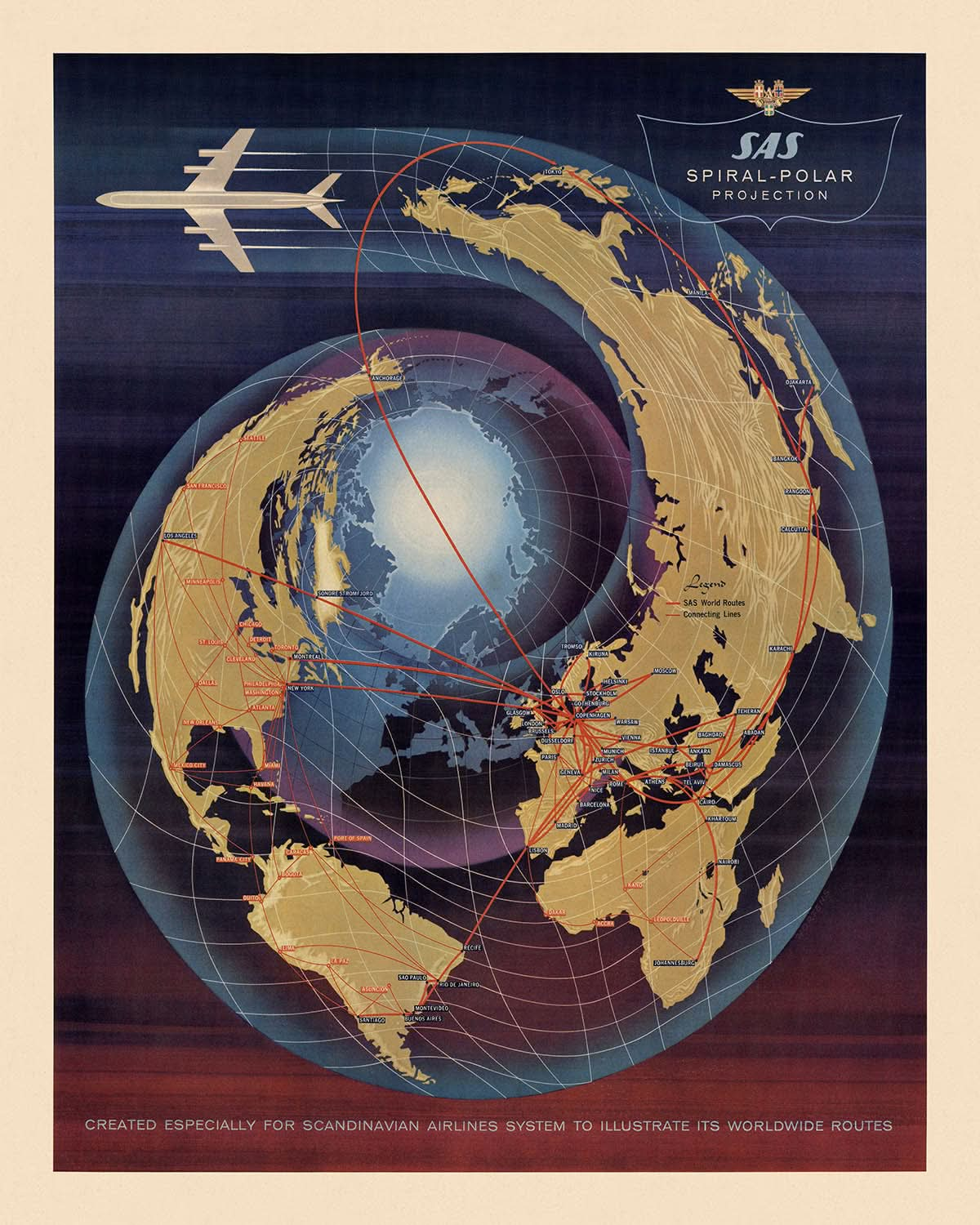 Carte du monde ancien, projection polaire des compagnies aériennes par SAS, 1960 : conception en spirale, itinéraires mondiaux, ère de l'aviation.