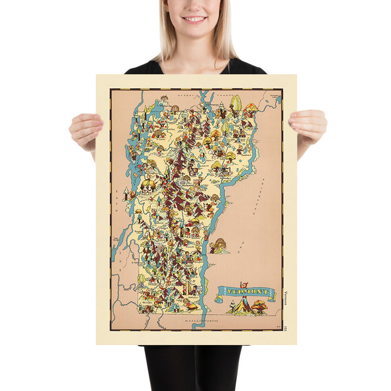 Mappa Pittorica del Vermont di Ruth Taylor White, 1935: Burlington, Montpelier, Rutland, Confini della Contea, Produzione di Sciroppo d&