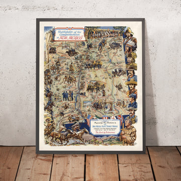 Mapa pictórico antiguo de las batallas de los conquistadores, Nuevo México, por Stedman, 1942: Coronado, Camino Real, Santa Fe, Paso de Glorieta, incursión de Villa 
