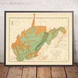 Antiguo mapa forestal de Virginia Occidental de Sargent, 1882: Charleston, Huntington, río Ohio, Alleghenies, Spruce Knob 