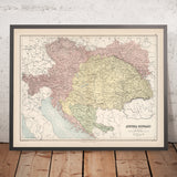 Antigua mapa de Austria-Hungría por Black, 1884: Viena, Budapest, Alpes, Danubio, Adriático 