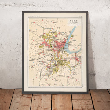Old City Map of Agra by Bartholomew, 1893: Agra Fort, Yamuna, Cantonment, Delhi Rd, Railways