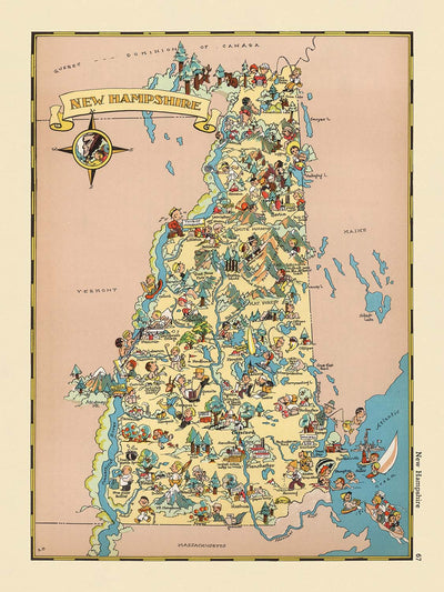Pictorial Map of New Hampshire by Ruth Taylor White, 1935: Manchester, Nashua, Concord, Lakes, Mountains