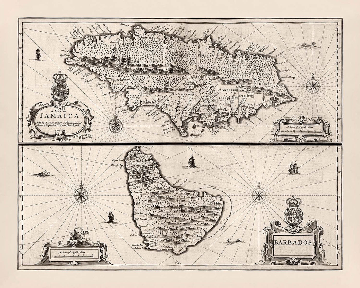 Carte ancienne de la Jamaïque et de la Barbade par Speed, 1676 : Port Royal, Bridgetown, montagnes, navires, cartouches