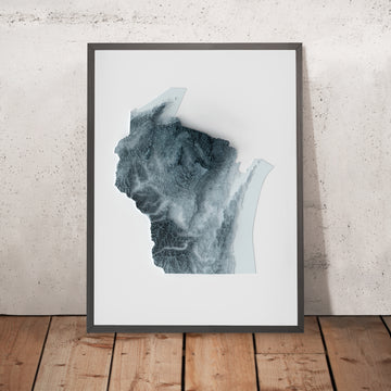 A framed image of a 3D style topographic relief map ofWisconsin