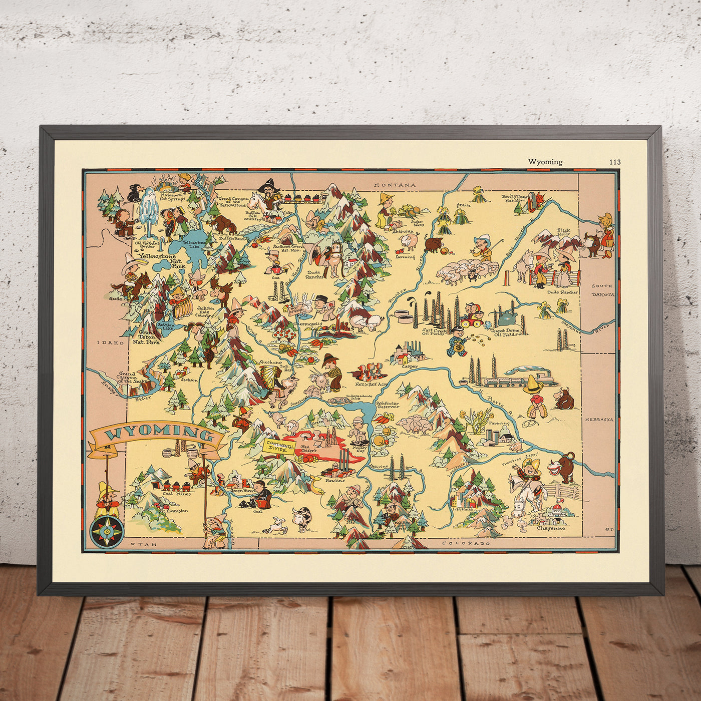 Pictorial Map of Wyoming by Ruth Taylor White, 1935: Yellowstone, Grand Teton, Continental Divide, Wind River Range, Bighorn Mountains