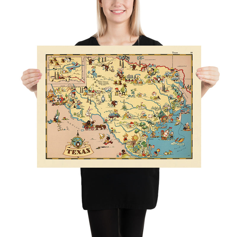 Mappa Pittorica del Texas di Ruth Taylor White, 1935: Houston, Dallas, San Antonio, Campi Petroliferi, Ranch 