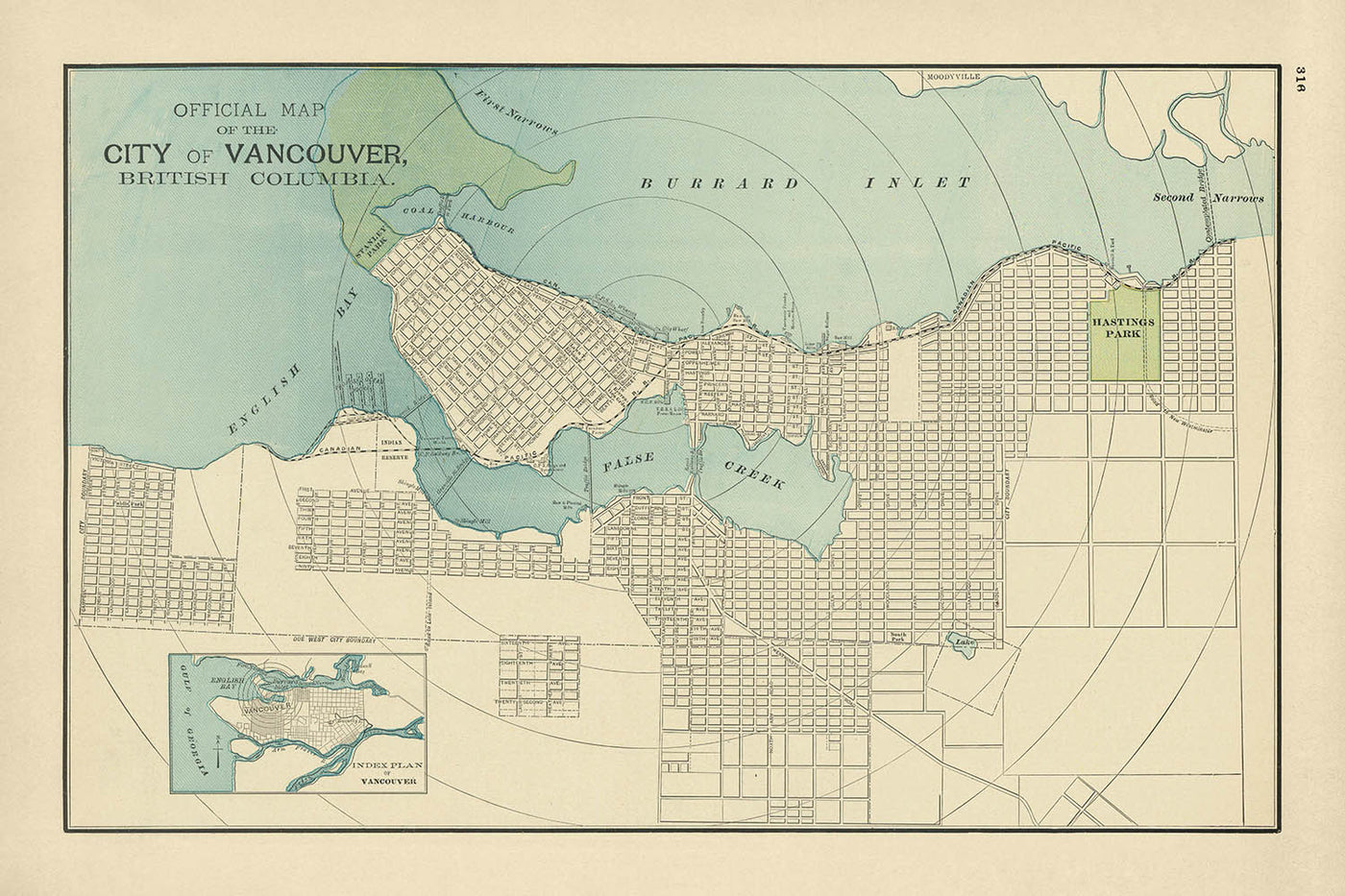 Mapa antiguo de la ciudad de Vancouver por Cram, 1895: Parque Stanley, Parque Hastings, False Creek, Entrada Burrard, Bahía Inglesa 