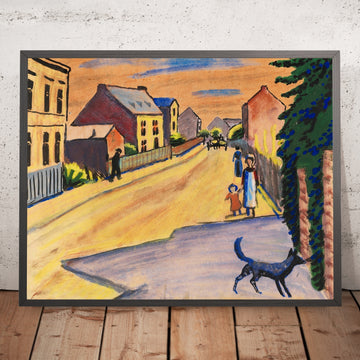 A framed image of Sonnige Straße mit Hund by August Macke, 1911