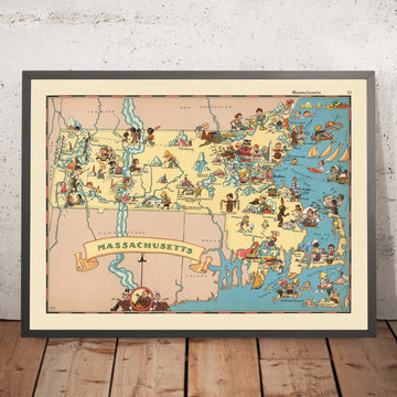 Pictorial Map of Massachusetts by Ruth Taylor White, 1935: Boston, Cape Cod, Harvard, Pilgrims, Maritime Heritage