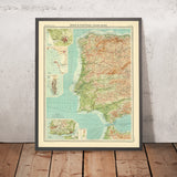 Mapa antiguo del oeste de España y Portugal de Bartholomew, 1922: Lisboa, Oporto, Cádiz, Gibraltar, rutas de navegación 