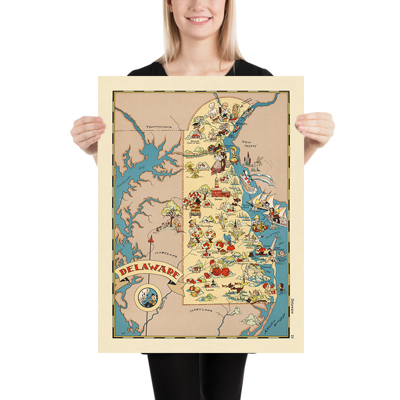 Pictorial Map of Delaware by Ruth Taylor White, 1935: Wilmington, Dover, Delaware Bay, Beaches, First State