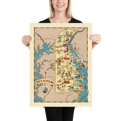 Pictorial Map of Delaware by Ruth Taylor White, 1935: Wilmington, Dover, Delaware Bay, Beaches, First State
