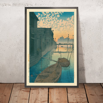 Une image encadrée de Dawn at Daikon Gashi Riverbank par Hasui Kawase, 1935