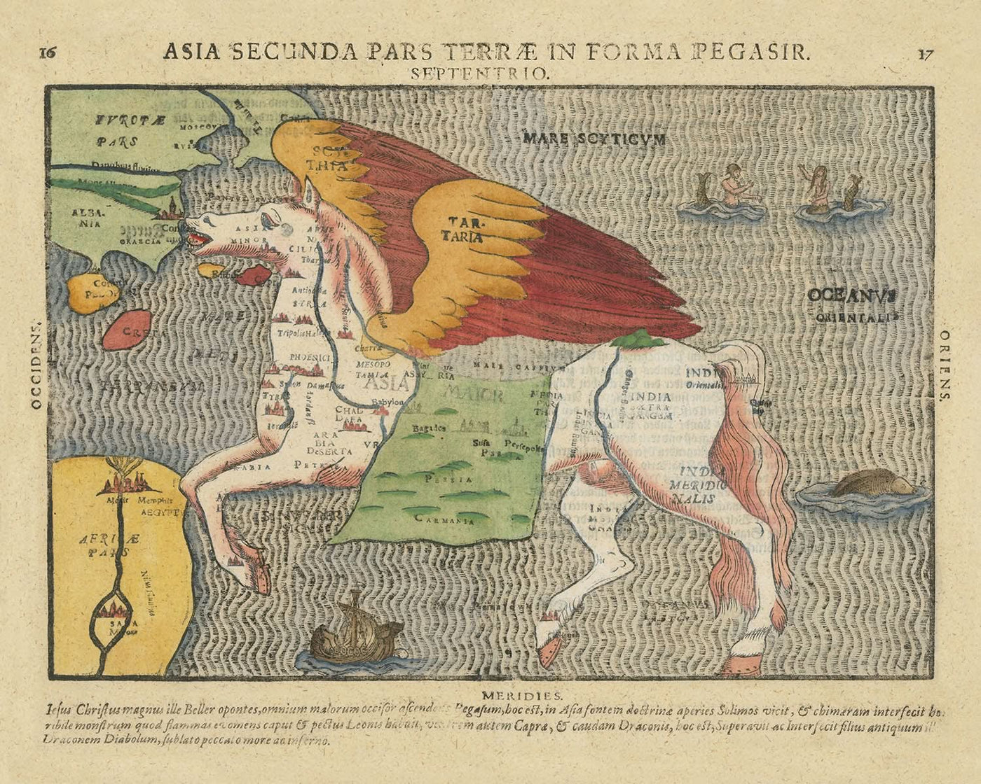 Ancienne carte de l'Asie en Pégase par Bunting, 1616 : conception mythique, thèmes symboliques, précision géographique