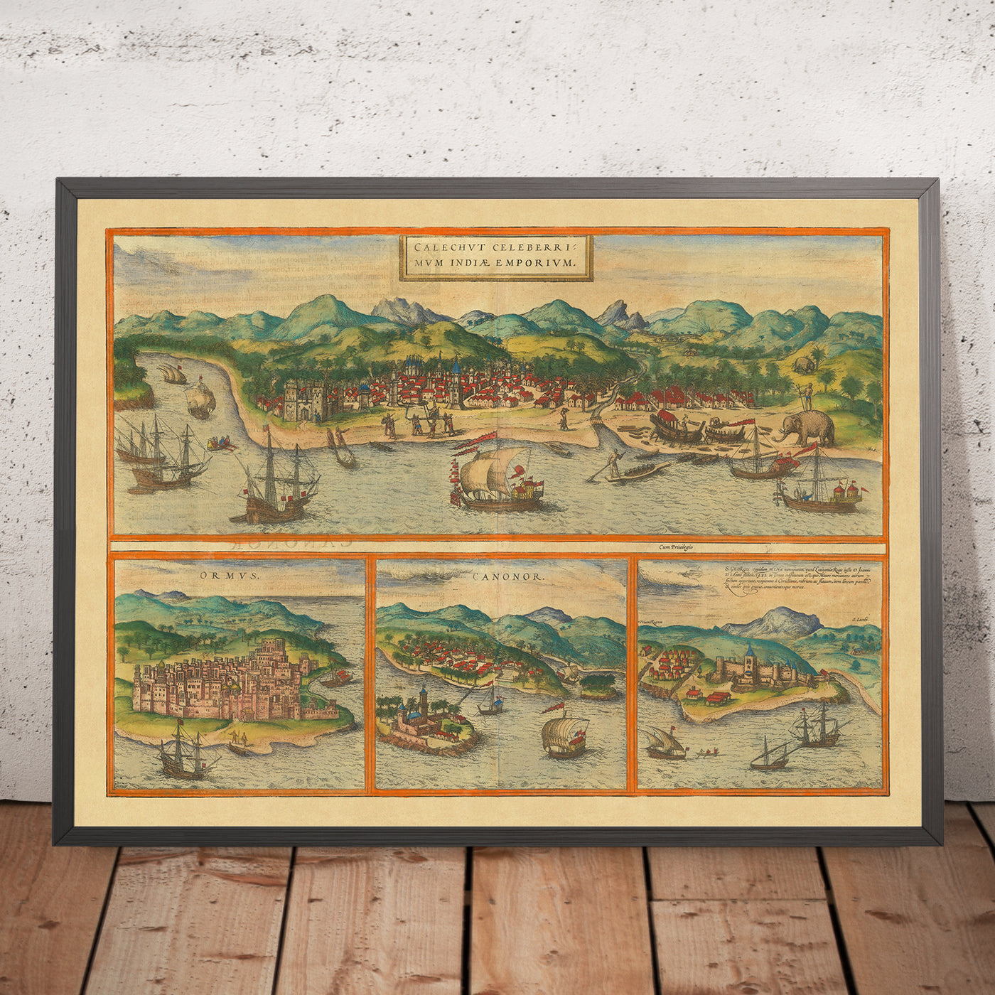 Old Map of Calicut in India by Braun & Hogenberg, 1572: Ormuz, Canonor, El Mina, Ships