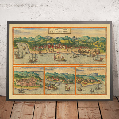 Old Map of Calicut in India by Braun & Hogenberg, 1572: Ormuz, Canonor, El Mina, Ships