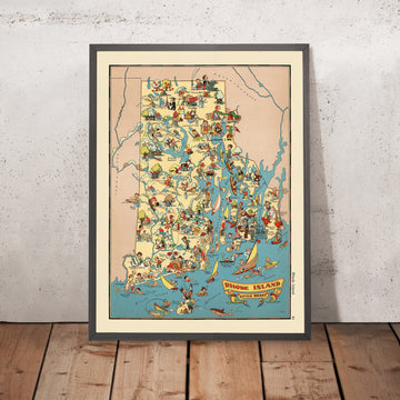 Mappa Pittorica del Rhode Island di Ruth Taylor White, 1935: Providence, Newport, Baia di Narragansett, Fari, Fabbriche Tessili 