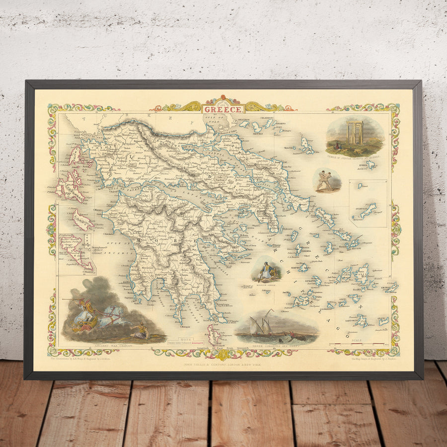 Vecchia mappa della Grecia e delle Isole Ioniche di Tallis, 1851: Atene, Monte Olimpo, Tempio di Giove, Egeo 