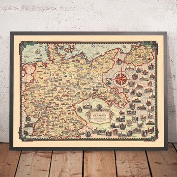 Antigua Mapa Pictórico de Alemania por Chase, 1935: Berlín, Múnich, Mar del Norte, Monumentos, Dirigibles 