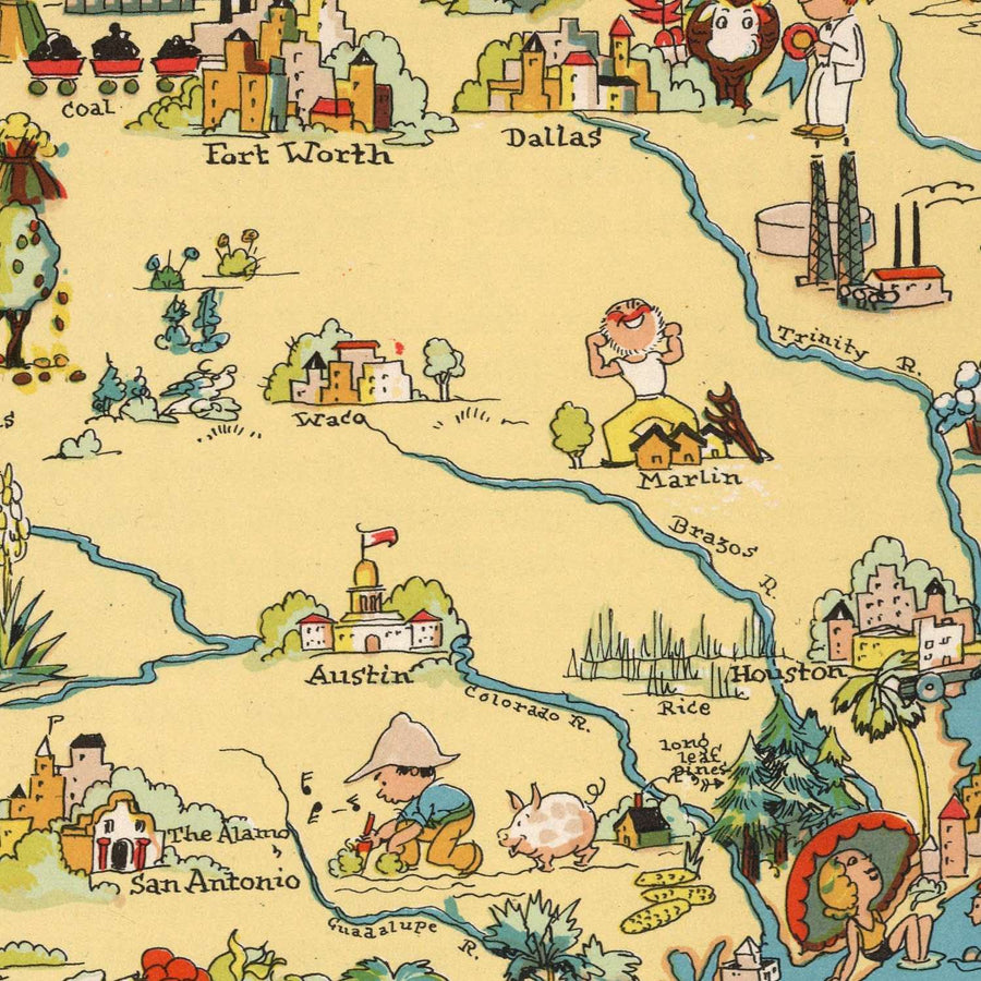 Mappa Pittorica del Texas di Ruth Taylor White, 1935: Houston, Dallas, San Antonio, Campi Petroliferi, Ranch 