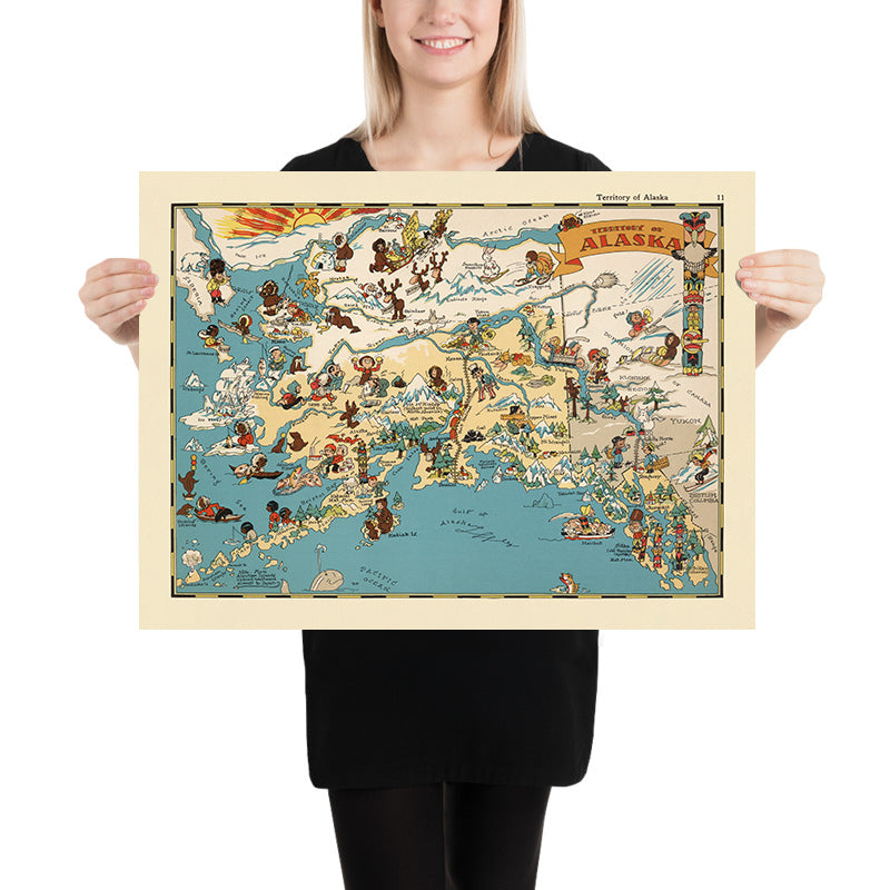 Pictorial Map of Alaska by Ruth Taylor White, 1935: Anchorage, Fairbanks, Yukon River, Glaciers, Aleutians