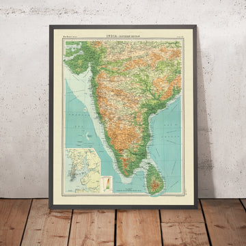 Old Hypsometric Map of Southern India by Bartholomew, 1922: Mumbai, Chennai, Hyderabad, Western Ghats, Deccan