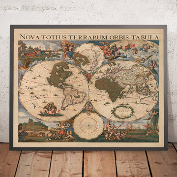 Gran obra maestra del mapa mundial por Danckerts, 1696: tierras míticas, borde decorativo 