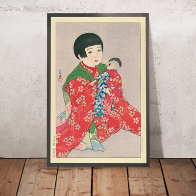 A framed image of Child with Doll by Hasui Kawase, 1935