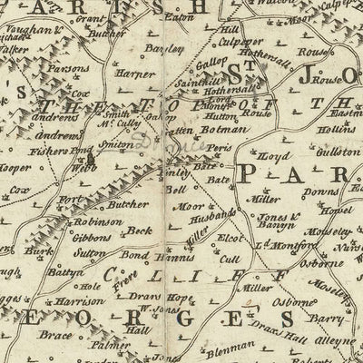 Ancienne carte de la Barbade par Jefferys, 1750 : paroisses, sucreries, églises, rivières, forts